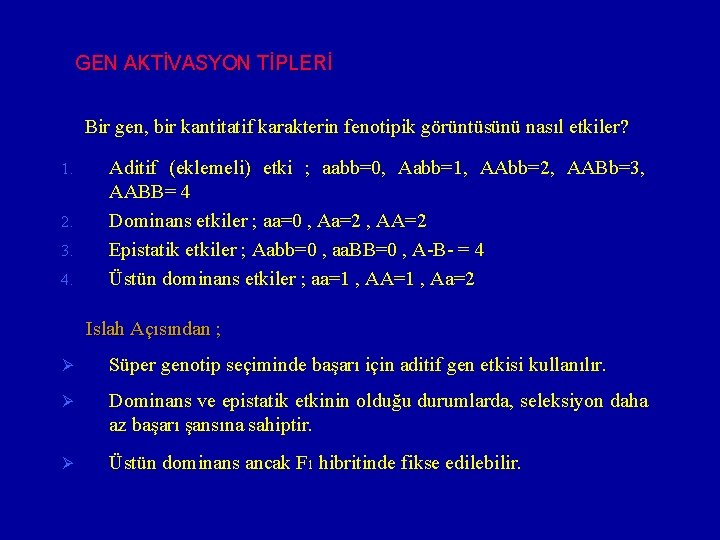 GEN AKTİVASYON TİPLERİ Bir gen, bir kantitatif karakterin fenotipik görüntüsünü nasıl etkiler? 1. 2.