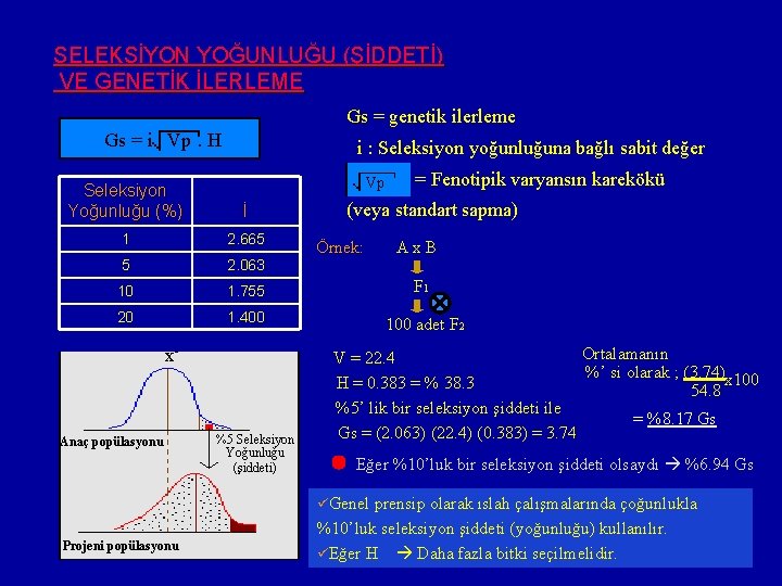 SELEKSİYON YOĞUNLUĞU (ŞİDDETİ) VE GENETİK İLERLEME Gs = genetik ilerleme Gs = i Vp.