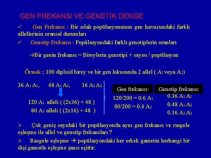 GEN FREKANSI VE GENETİK DENGE Gen Frekansı : Bir ıslah popülasyonunun gen havuzundaki farklı