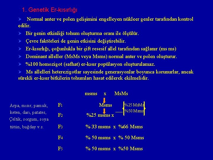1. Genetik Er-kısırlığı Normal anter ve polen gelişimini engelleyen nükleer genler tarafından kontrol edilir.