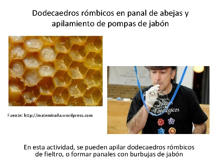 Dodecaedros rómbicos en panal de abejas y apilamiento de pompas de jabón Fuente: http: