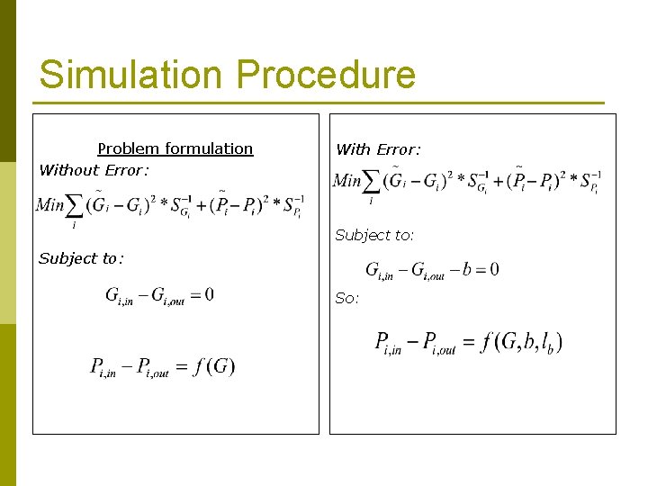 Simulation Procedure Problem formulation Without Error: With Error: Subject to: So: 