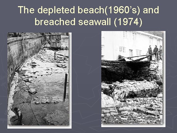 The depleted beach(1960’s) and breached seawall (1974) 