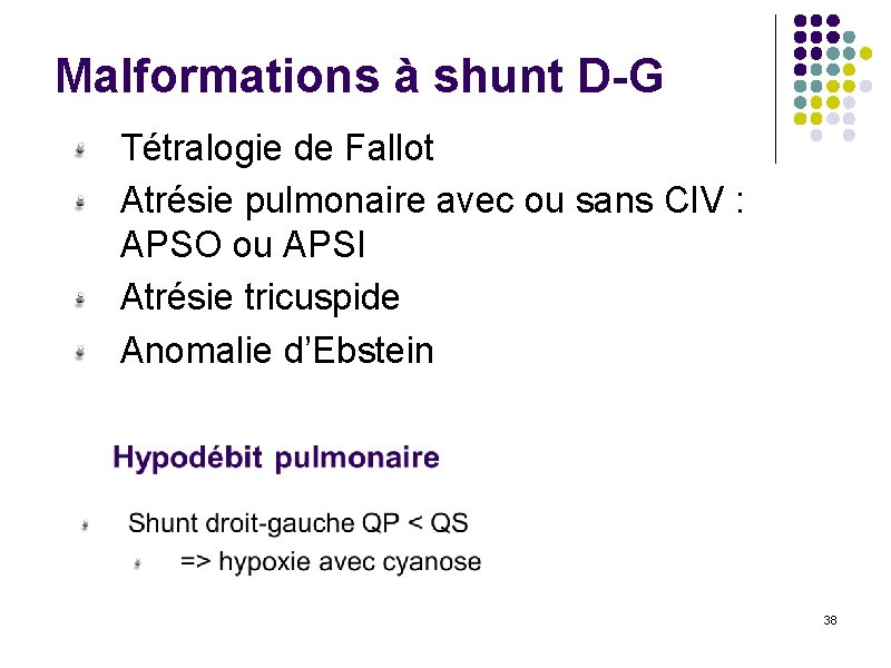 Malformations à shunt D-G Tétralogie de Fallot Atrésie pulmonaire avec ou sans CIV :