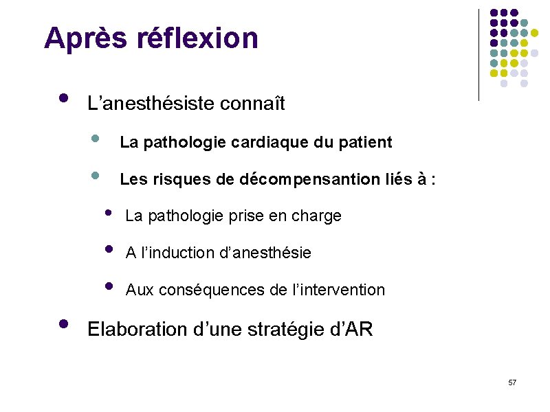 Après réflexion • L’anesthésiste connaît • • La pathologie cardiaque du patient Les risques