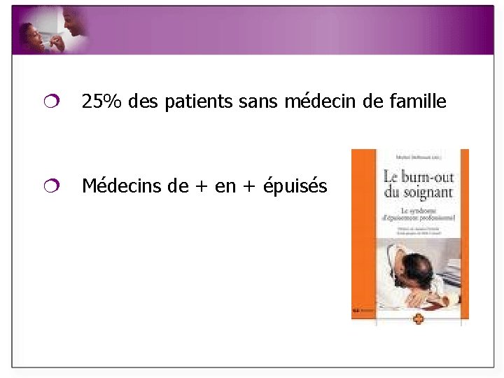 ¦ 25% des patients sans médecin de famille ¦ Médecins de + en +