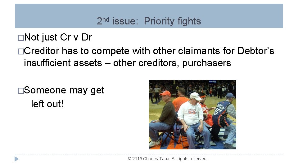 2 nd issue: Priority fights �Not just Cr v Dr �Creditor has to compete