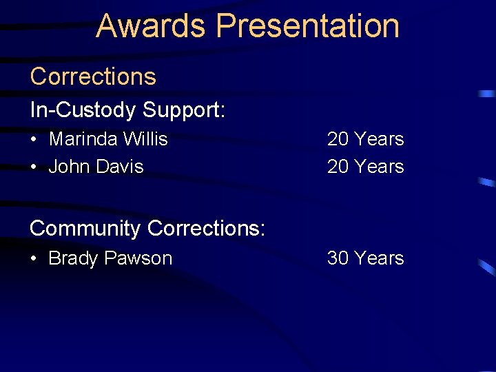 Awards Presentation Corrections In-Custody Support: • Marinda Willis • John Davis 20 Years Community