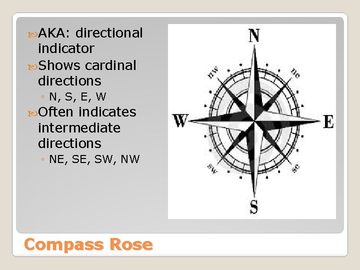  AKA: directional indicator Shows cardinal directions ◦ N, S, E, W Often indicates