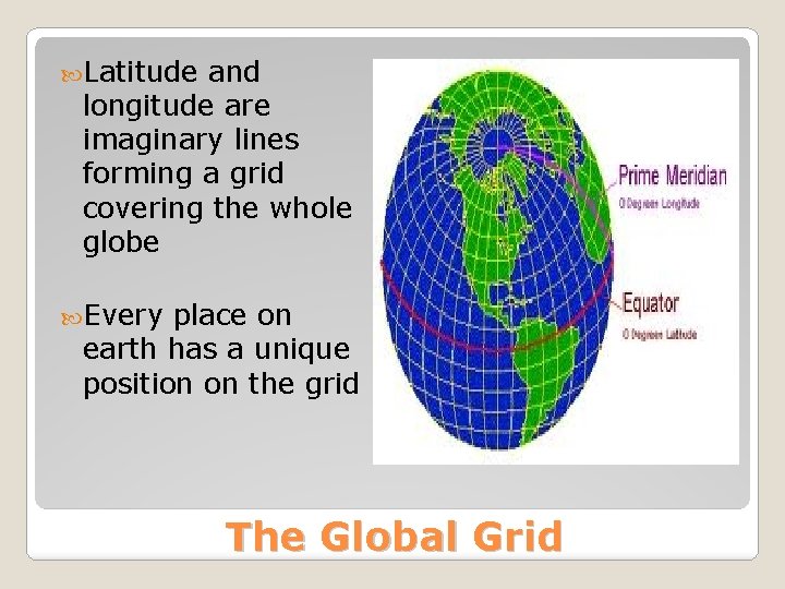  Latitude and longitude are imaginary lines forming a grid covering the whole globe