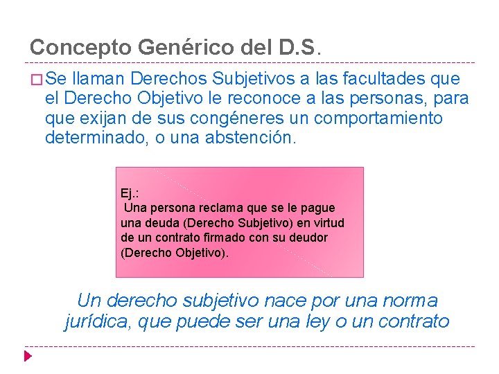 Concepto Genérico del D. S. � Se llaman Derechos Subjetivos a las facultades que