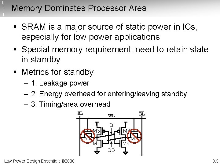 Memory Dominates Processor Area § SRAM is a major source of static power in