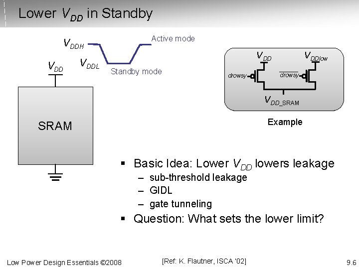 Lower VDD in Standby Active mode VDDH VDDL VDD Standby mode drowsy VDDlow drowsy