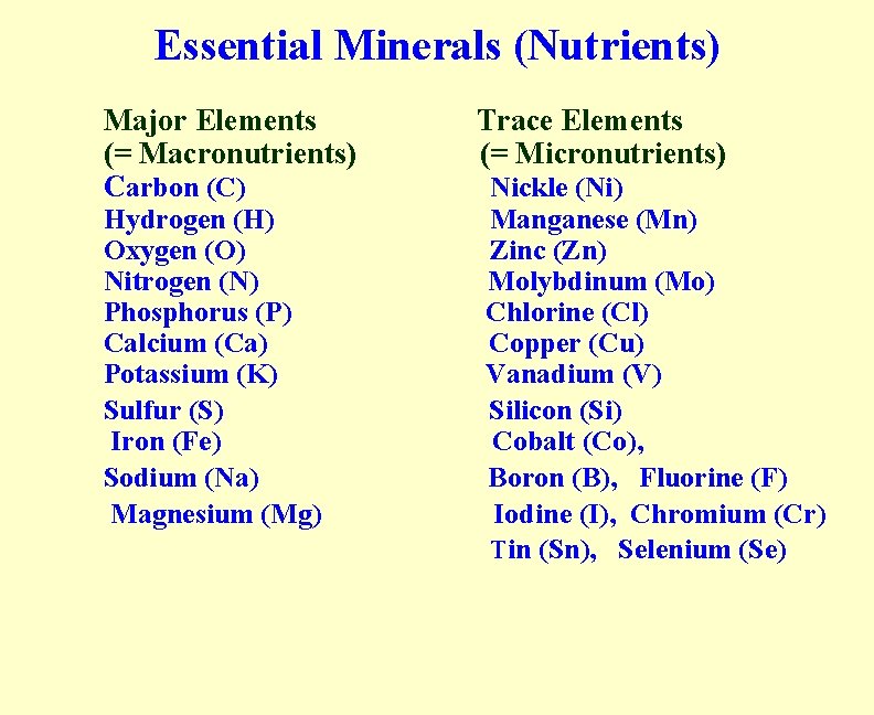 Essential Minerals (Nutrients) Major Elements (= Macronutrients) Carbon (C) Hydrogen (H) Oxygen (O) Nitrogen