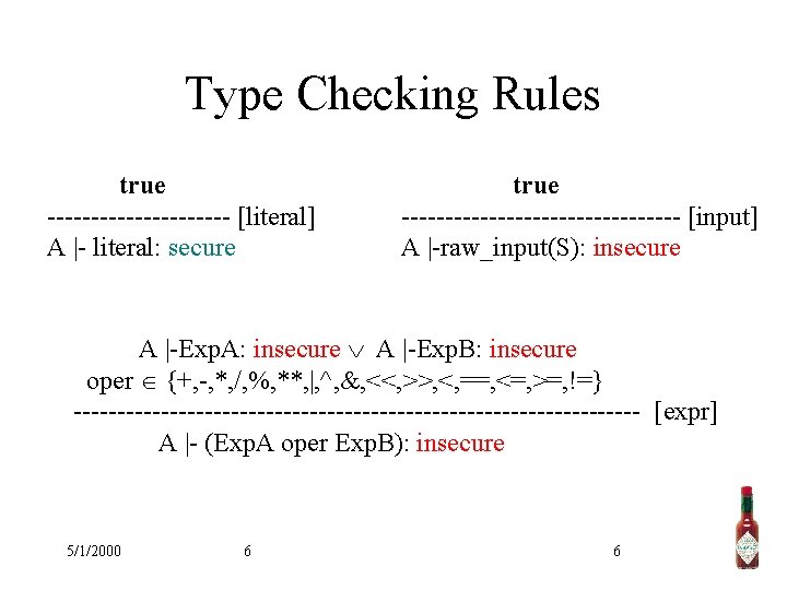 Type Checking Rules true ----------- [literal] A |- literal: secure true ---------------- [input] A