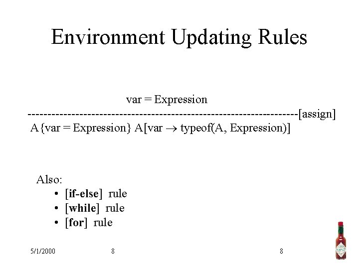 Environment Updating Rules var = Expression ----------------------------------[assign] A{var = Expression} A[var typeof(A, Expression)] Also: