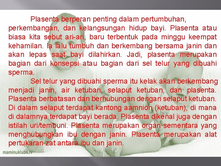 a. SA Plasenta berperan penting dalam pertumbuhan, perkembangan, dan kelangsungan hidup bayi. Plasenta atau a. SA Plasenta berperan penting dalam pertumbuhan, perkembangan, dan kelangsungan hidup bayi. Plasenta atau