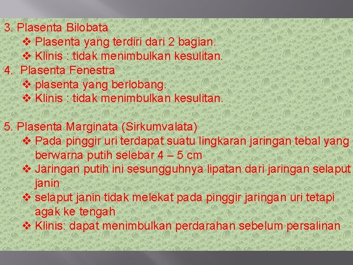 3. Plasenta Bilobata v Plasenta yang terdiri dari 2 bagian. v Klinis : tidak