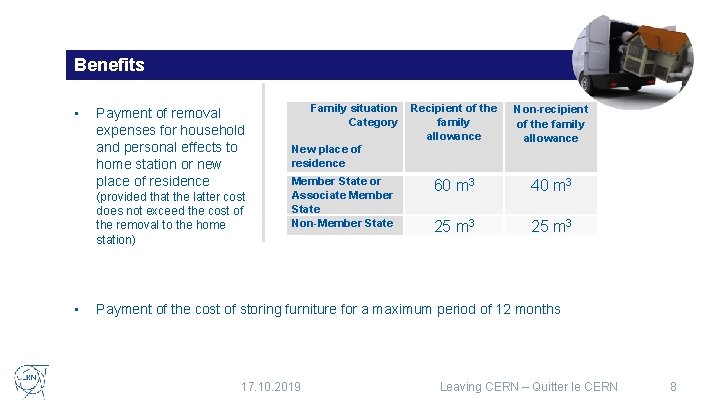 Benefits • Payment of removal expenses for household and personal effects to home station