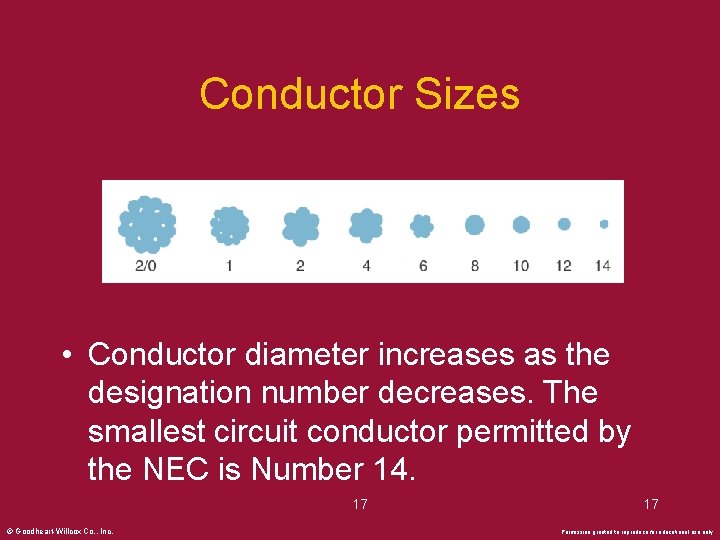 Conductor Sizes • Conductor diameter increases as the designation number decreases. The smallest circuit