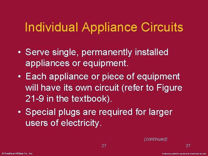 Individual Appliance Circuits • Serve single, permanently installed appliances or equipment. • Each appliance