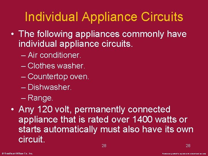 Individual Appliance Circuits • The following appliances commonly have individual appliance circuits. – Air