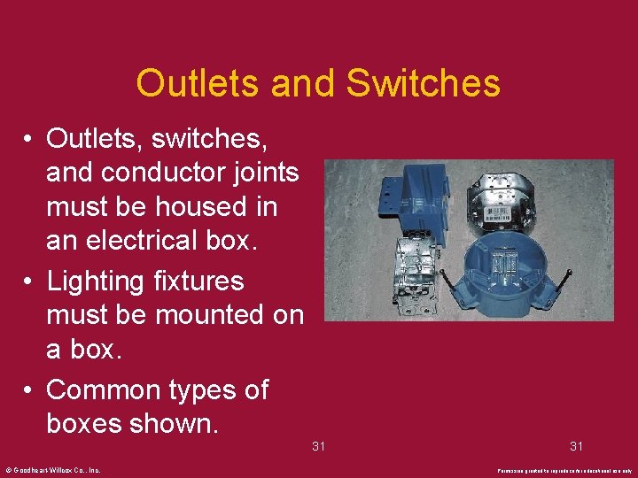 Outlets and Switches • Outlets, switches, and conductor joints must be housed in an