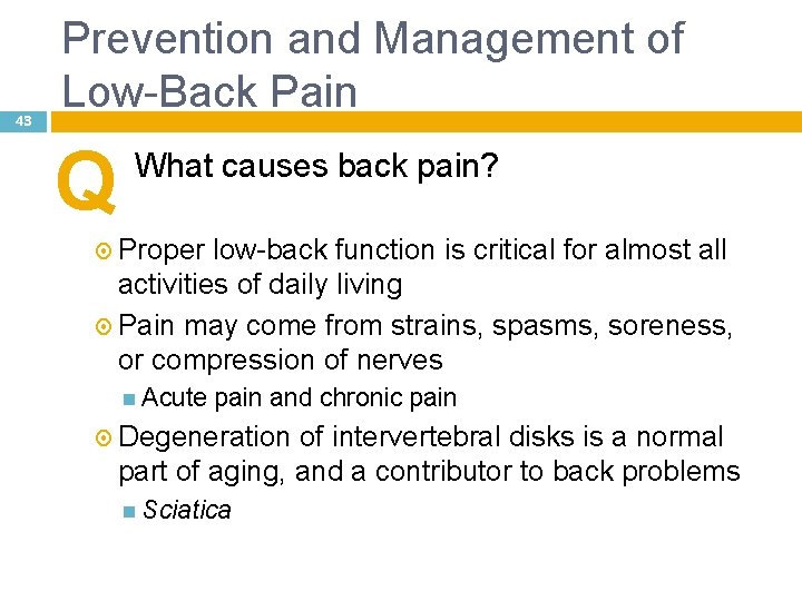 43 Prevention and Management of Low-Back Pain Q What causes back pain? Proper low-back