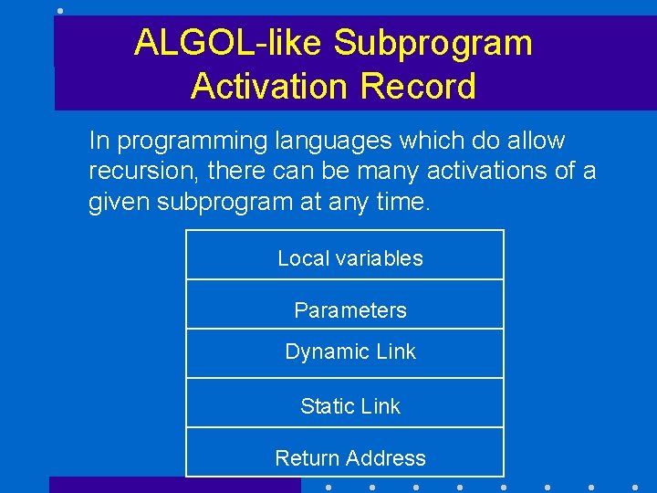 ALGOL-like Subprogram Activation Record In programming languages which do allow recursion, there can be