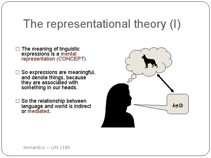 The representational theory (I) � The meaning of linguistic expressions is a mental representation