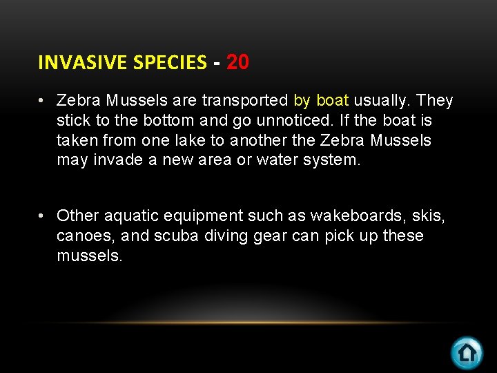 INVASIVE SPECIES - 20 • Zebra Mussels are transported by boat usually. They stick