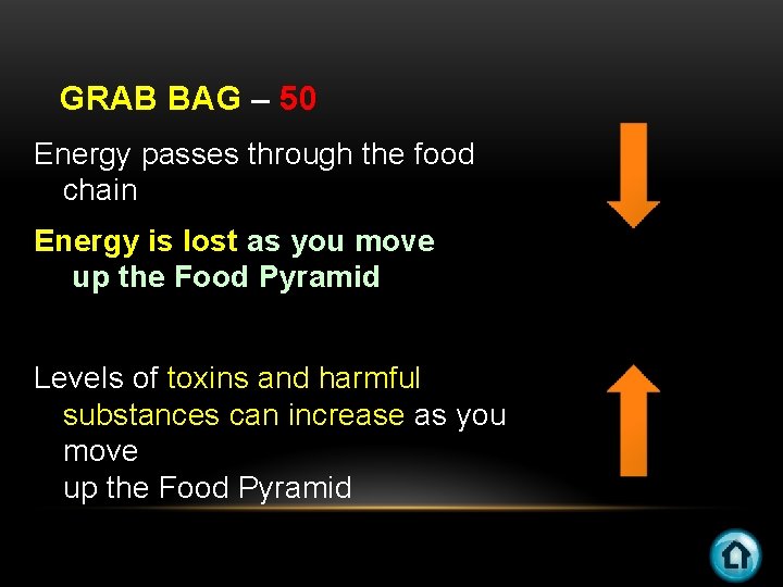 GRAB BAG – 50 Energy passes through the food chain Energy is lost as