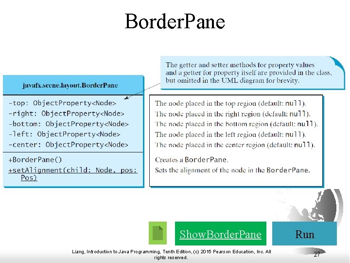 Border. Pane Show. Border. Pane Liang, Introduction to Java Programming, Tenth Edition, (c) 2015 Border. Pane Show. Border. Pane Liang, Introduction to Java Programming, Tenth Edition, (c) 2015