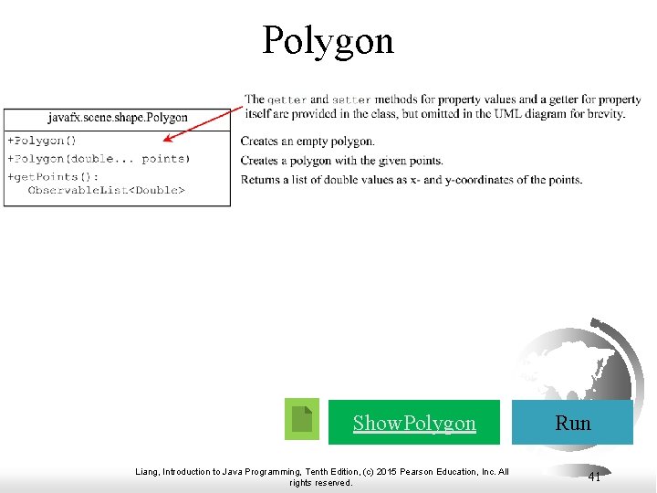 Polygon Show. Polygon Liang, Introduction to Java Programming, Tenth Edition, (c) 2015 Pearson Education,