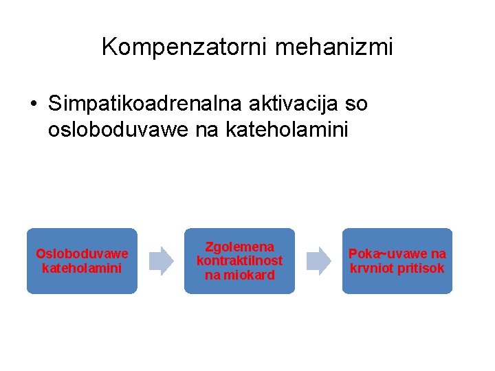Kompenzatorni mehanizmi • Simpatikoadrenalna aktivacija so osloboduvawe na kateholamini Osloboduvawe kateholamini Zgolemena kontraktilnost na