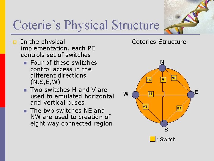 Coterie’s Physical Structure p In the physical implementation, each PE controls set of switches