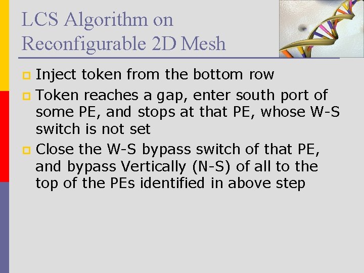 LCS Algorithm on Reconfigurable 2 D Mesh Inject token from the bottom row p