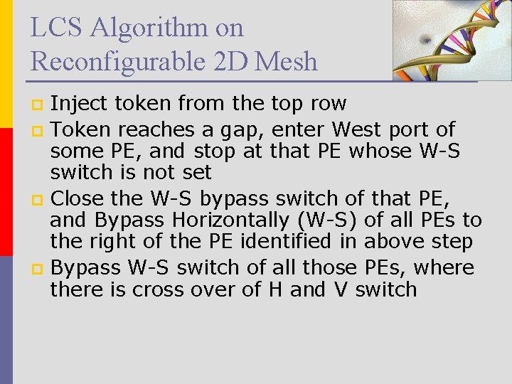LCS Algorithm on Reconfigurable 2 D Mesh Inject token from the top row p