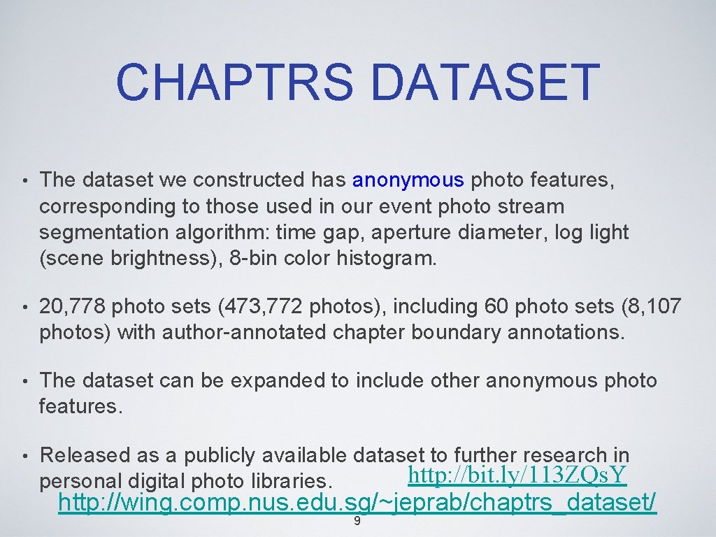 CHAPTRS DATASET • The dataset we constructed has anonymous photo features, corresponding to those