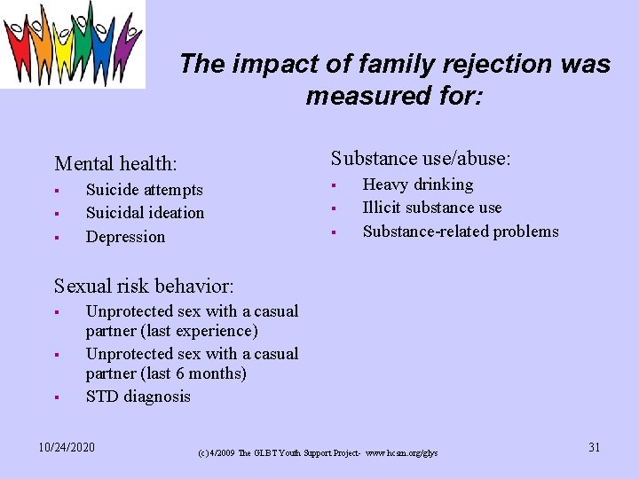 The impact of family rejection was measured for: Substance use/abuse: Mental health: § §