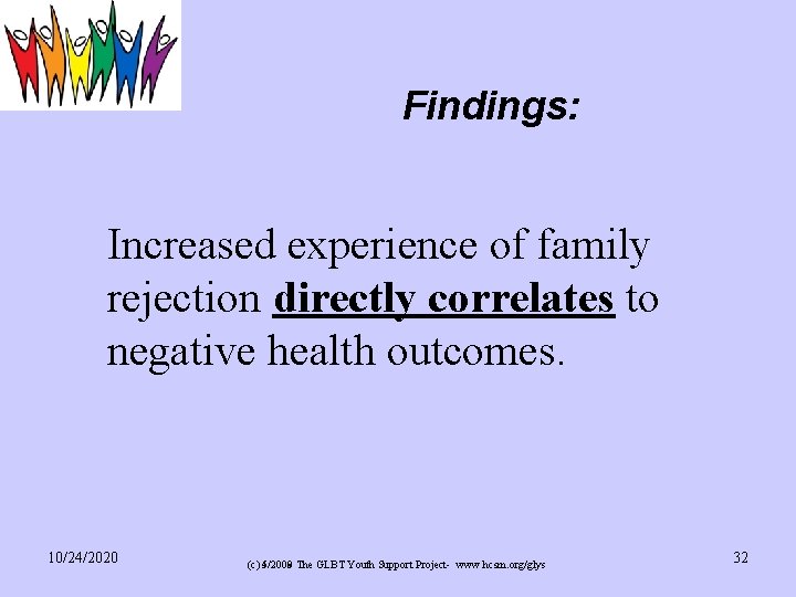 Findings: Increased experience of family rejection directly correlates to negative health outcomes. 10/24/2020 (c)