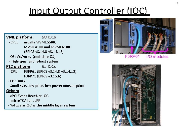 Input Output Controller (IOC) VME platform 98 IOCs PLC platform 95 IOCs - CPU: