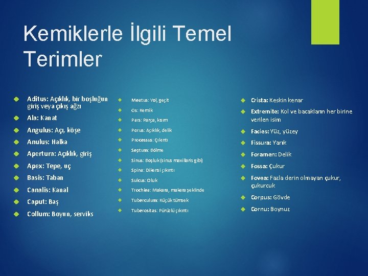 Kemiklerle İlgili Temel Terimler Aditus: Açıklık, bir boşluğun giriş veya çıkış ağzı Meatus: Yol,