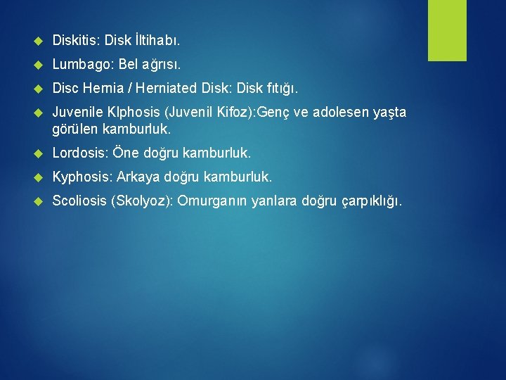  Diskitis: Disk İltihabı. Lumbago: Bel ağrısı. Disc Hernia / Herniated Disk: Disk fıtığı.