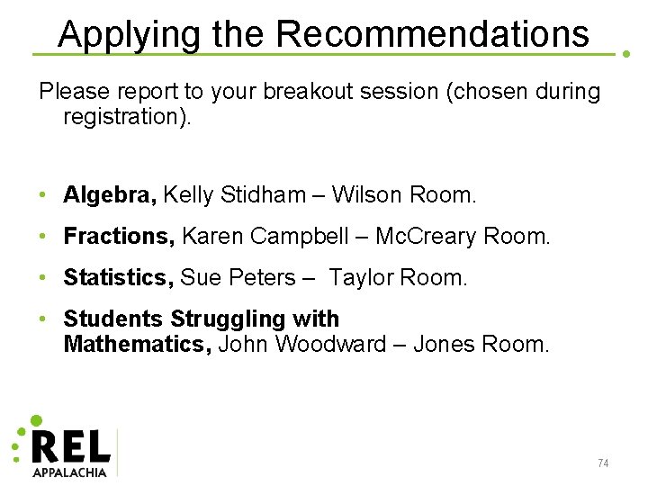 Applying the Recommendations Please report to your breakout session (chosen during registration). • Algebra,