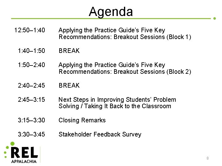 Agenda 12: 50– 1: 40 Applying the Practice Guide’s Five Key Recommendations: Breakout Sessions