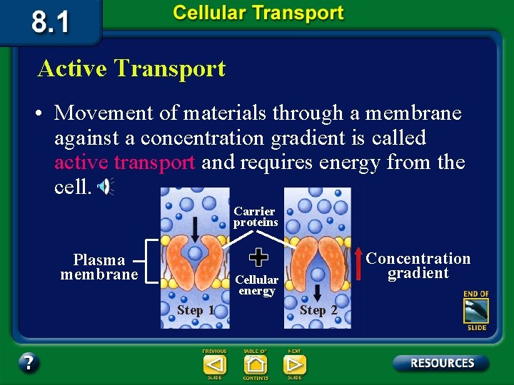 Active Transport • Movement of materials through a membrane against a concentration gradient is