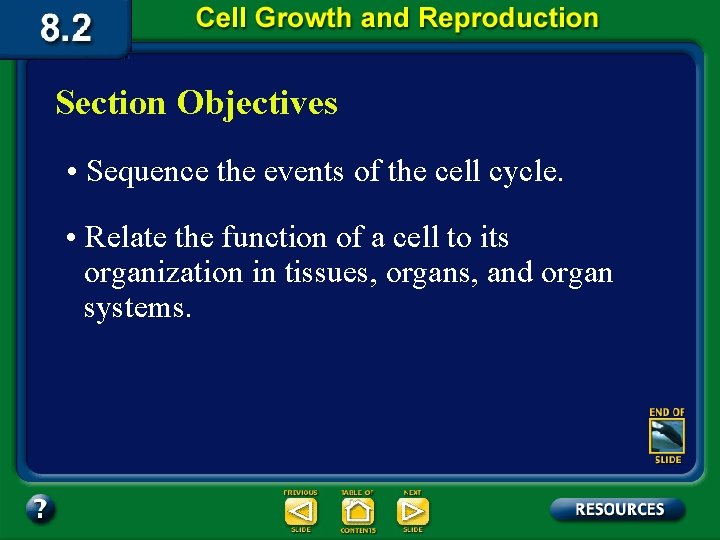 Section Objectives • Sequence the events of the cell cycle. • Relate the function