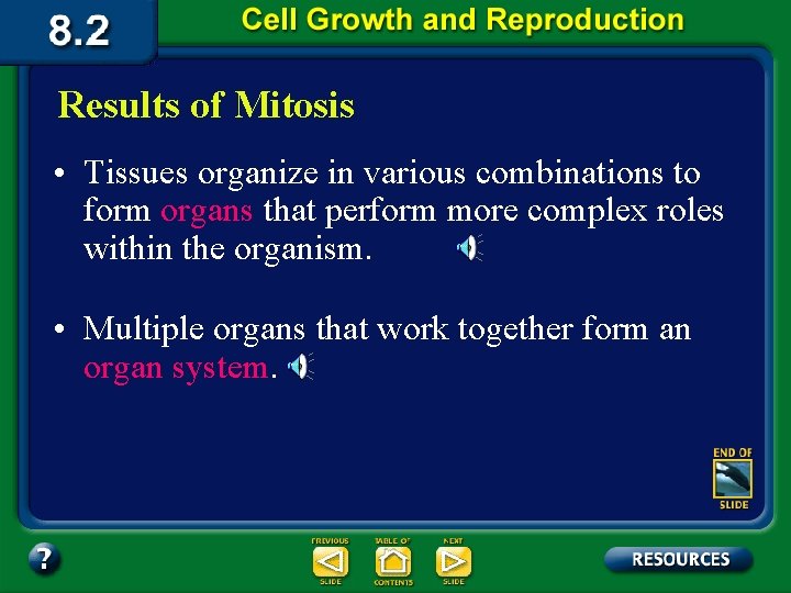 Results of Mitosis • Tissues organize in various combinations to form organs that perform