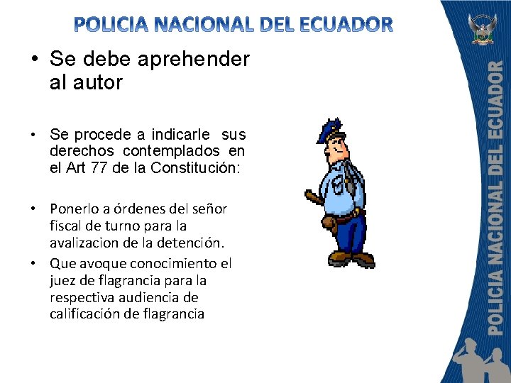  • Se debe aprehender al autor • Se procede a indicarle sus derechos